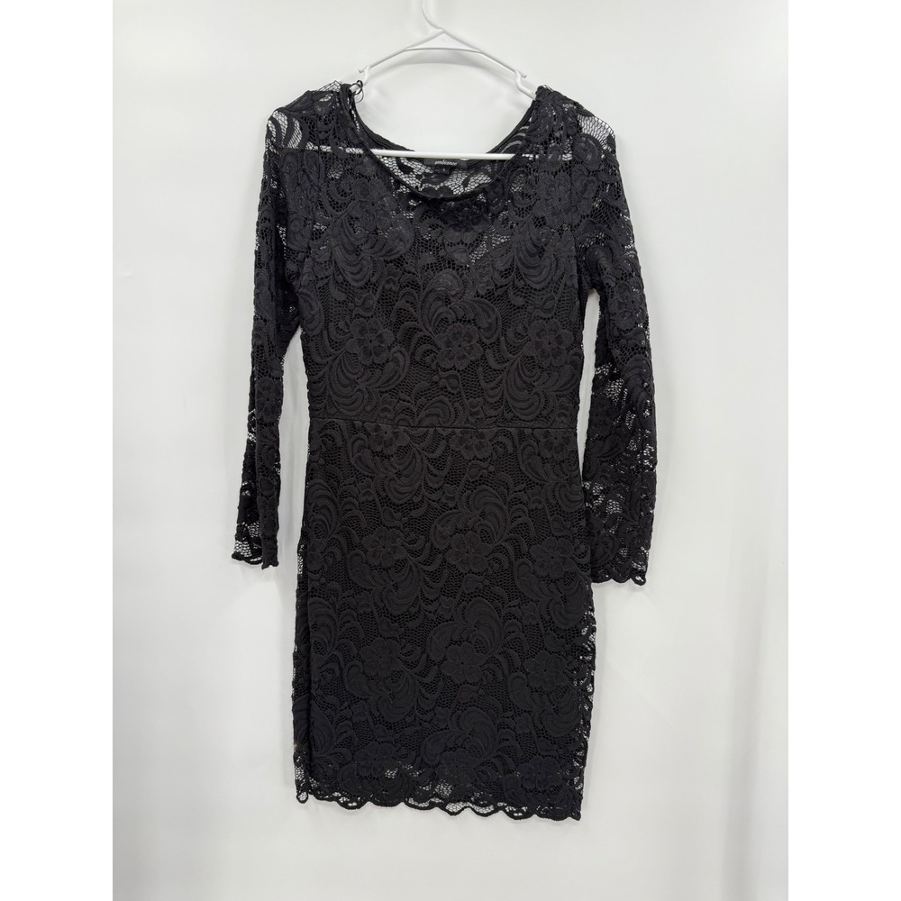 Ambiance Large Lace Sheath Dress Womens Black Long Sleeve Floral Scalloped Hem